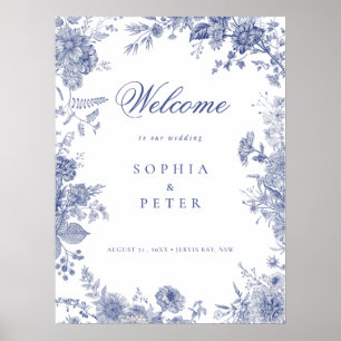 Elegant Toile French Blue Floral Welcome Sign