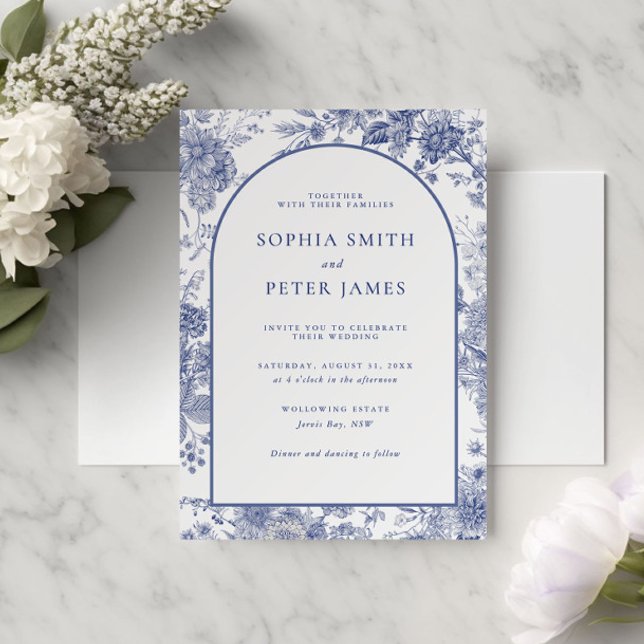 Elegant Toile French Blue Garden Floral  Invitation (Creator Uploaded)