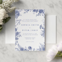 Elegant Toile French Blue Garden Floral 