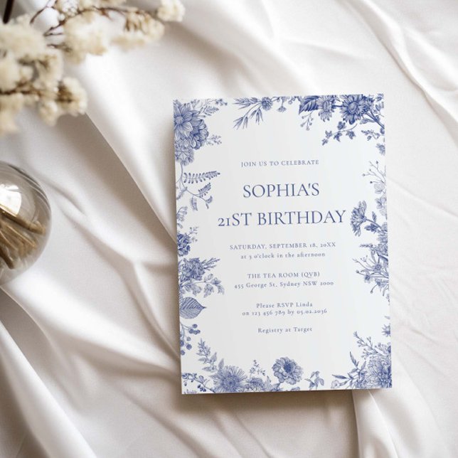 Elegant Toile French Blue toile 21st birthday Invitation (Creator Uploaded)
