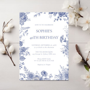 Elegant Toile French Blue toile 40th birthday Invitation