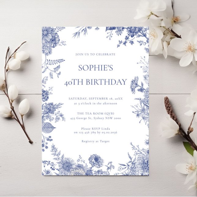 Elegant Toile French Blue toile 40th birthday Invitation (Creator Uploaded)