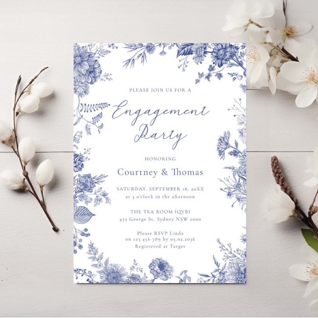 Elegant Toile French Blue toile engagement party Invitation (Creator Uploaded)