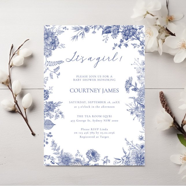 Elegant Toile French Blue toile it's a girl baby  Invitation (Creator Uploaded)