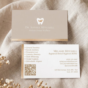 Elegant Tooth & Leaf Dental Practice Gold Qr Code  Business Card