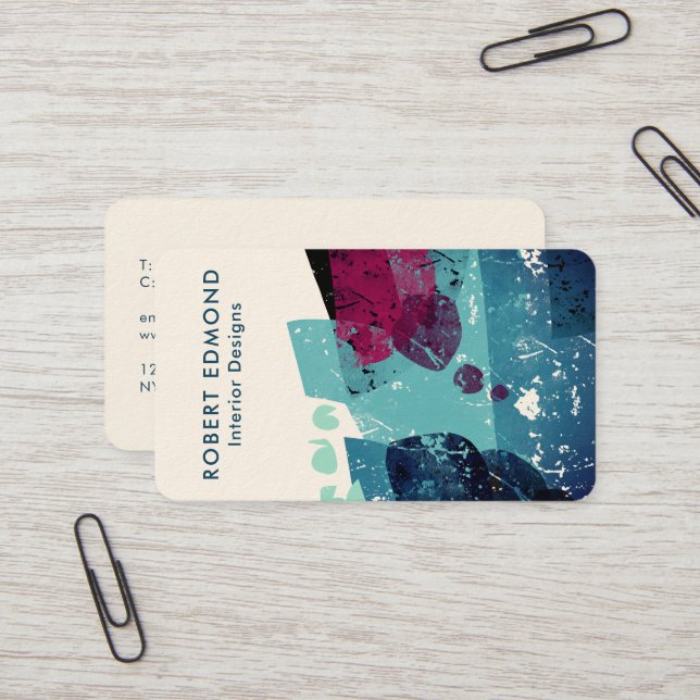 Elegant Torquoise Blue and Burgundy Abstract QR Business Card (Front/Back In Situ)