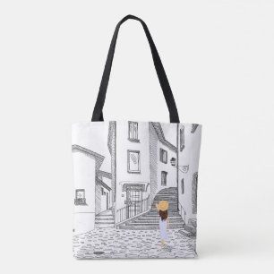 Elegant Tote Bag with Hand-Drawn Old City