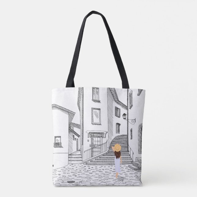Elegant Tote Bag with Hand-Drawn Old City (Back)