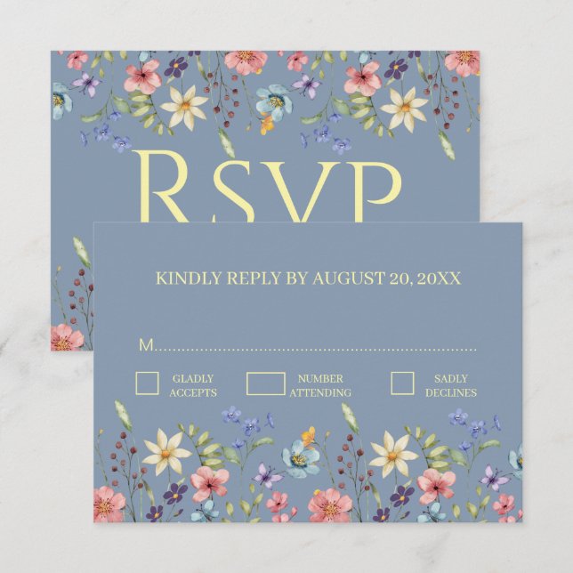 Elegant Traditiona Floral Dusty Blue Wedding RSVP  Card (Front/Back)
