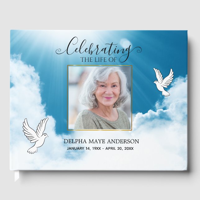 Elegant Traditional Blue and White Dove Memorial  Guest Book (Front)