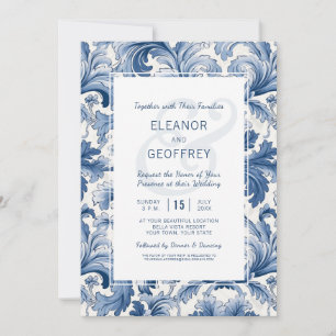 Elegant Traditional Blue and White Engraved Damask Invitation