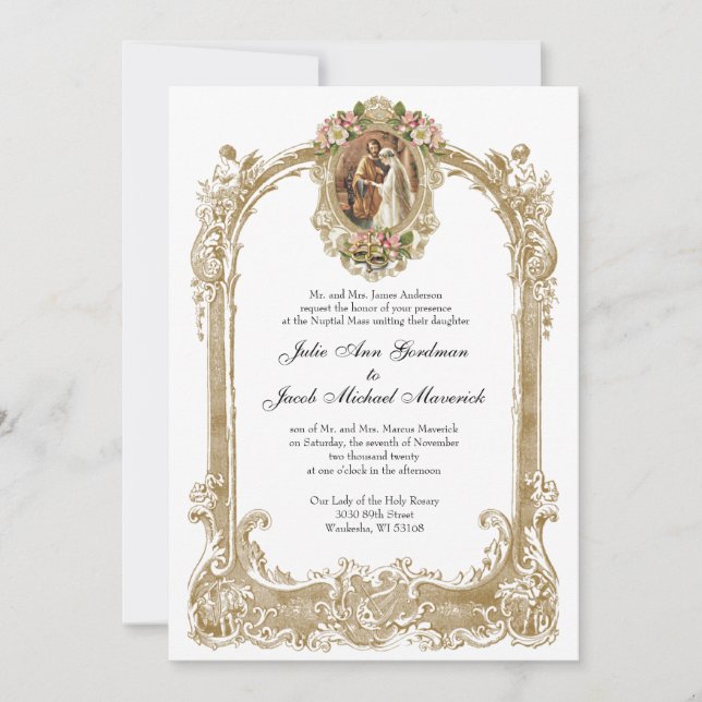 Elegant Traditional Catholic Wedding & Reception Invitation (Front)