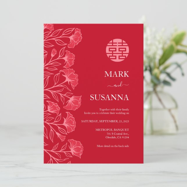 Elegant Traditional Chinese Wedding Invite (RED) (Standing Front)