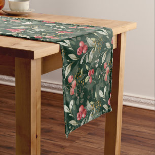 Elegant Traditional Christmas Greenery and Berries Short Table Runner