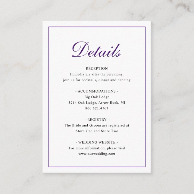 Elegant Traditional Classic Royal Purple Wedding Enclosure Card (Front)