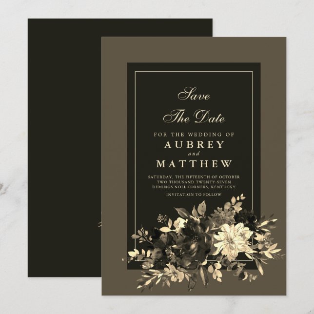Elegant Traditional Earth Brown Autumn Floral  Save The Date (Front/Back)