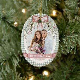 Elegant Traditional Gingham Photo Christmas Ceramic Ornament