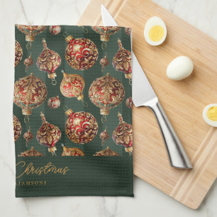 Elegant Traditional Red & Gold Christmas Baubles Tea Towel