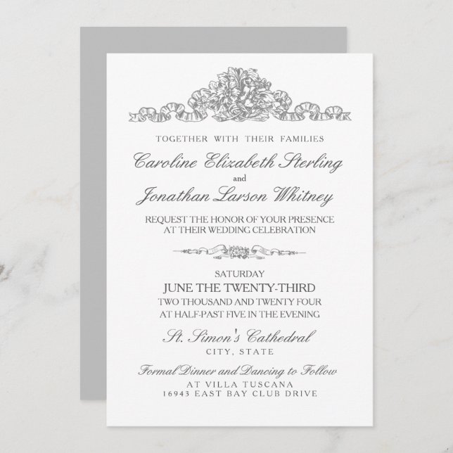 Elegant Traditional | Versailles Grey Wedding Invitation (Front/Back)