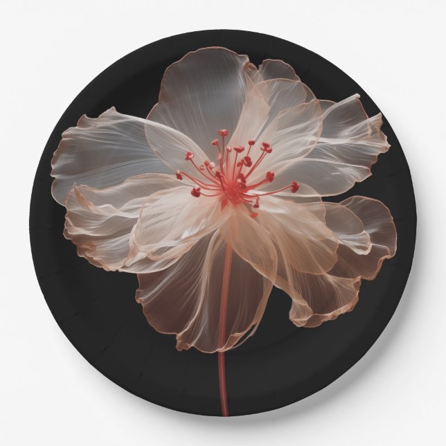 Elegant translucent flower on black paper plate (Front)