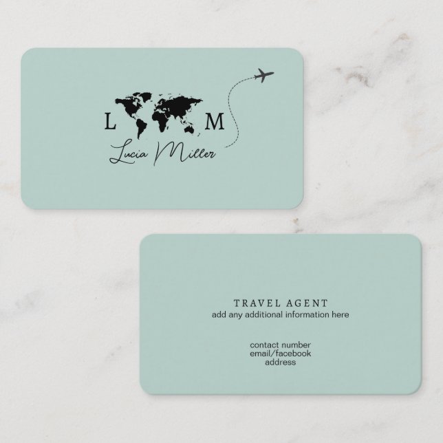 Elegant Travel Agent monogram worldmap&plane Business Card (Front/Back)