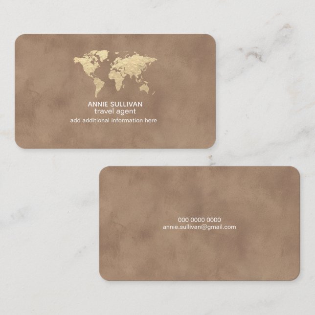 Elegant Travel Agent World Map Old Brown Business Card (Front/Back)