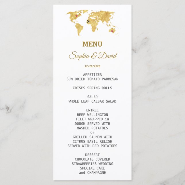 Elegant Travel Gold World Map Wedding Menu (Front)