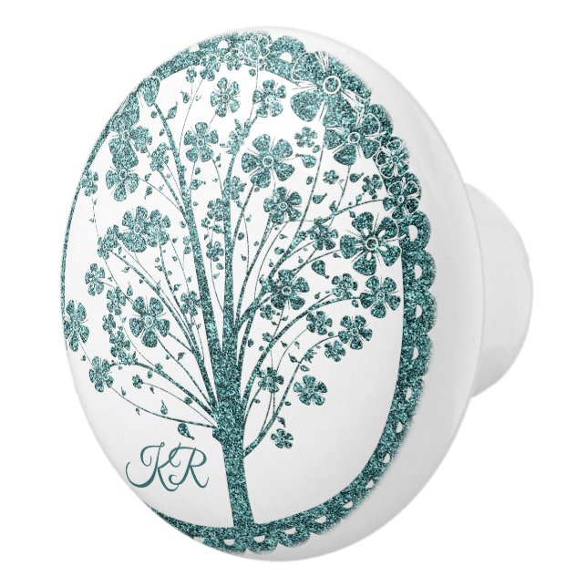 Elegant Tree of Life Blue Glitter Yoga Monogram Ceramic Knob (Right)