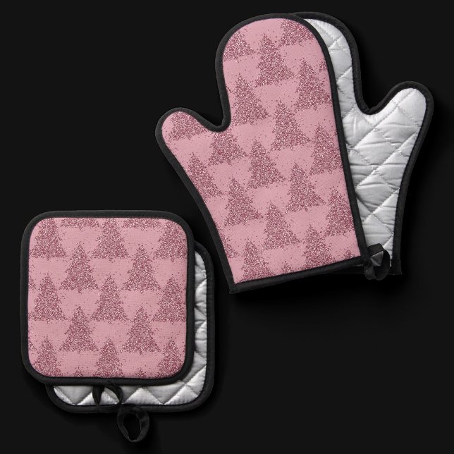 Elegant Tree Pattern | Dusty Mauve Pink Christmas Oven Mitt & Pot Holder Set (Creator Uploaded)
