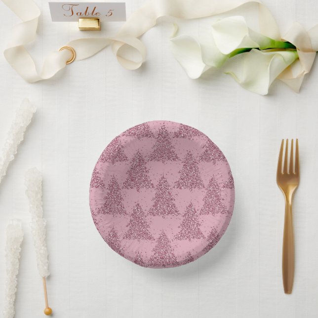 Elegant Tree Pattern | Dusty Mauve Pink Christmas Paper Plate (Wedding)