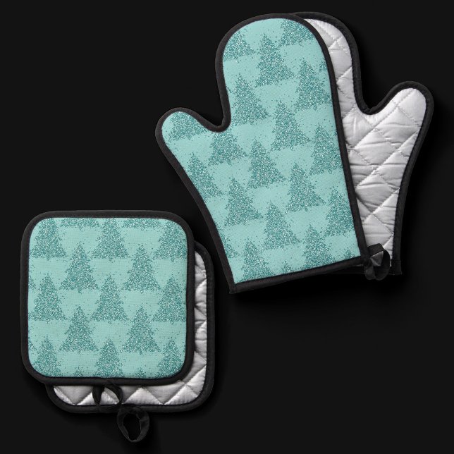 Elegant Tree Pattern | Luxe Aqua Mint Christmas Oven Mitt & Pot Holder Set (Creator Uploaded)