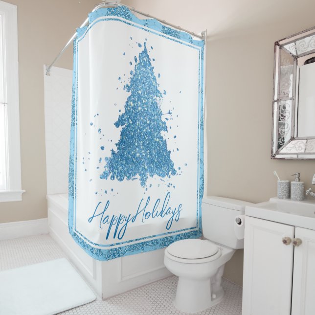 Elegant Tree Pattern | Luxe Aqua Mint Christmas Shower Curtain (In Situ)
