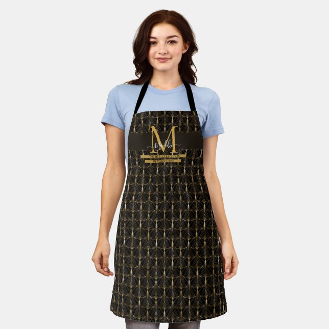 Elegant trendy Black and Gold glam custom Monogram Apron (Worn)