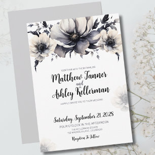 Elegant Trendy Black White Floral Wedding Invitation
