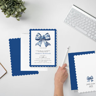 Elegant Trendy Blue Floral Bow Graduation Party Invitation