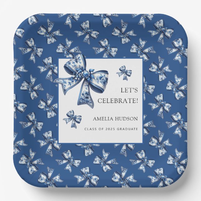 Elegant Trendy Bows Blue Class Of 2025 Paper Plate (Front)