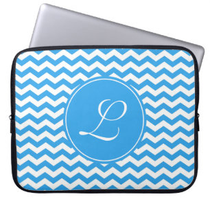 elegant, trendy, bright sky blue chevron monogram laptop sleeve