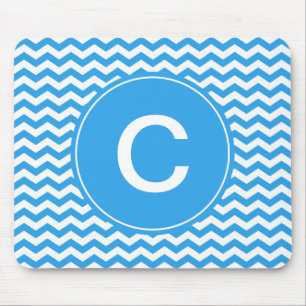 elegant, trendy, bright sky blue chevron monogram mouse pad