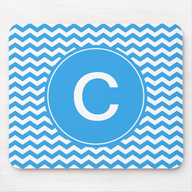 elegant, trendy, bright sky blue chevron monogram mouse pad (Front)