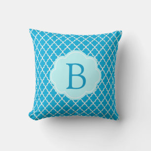 Elegant, trendy, bright teal quatrefoil monogram cushion