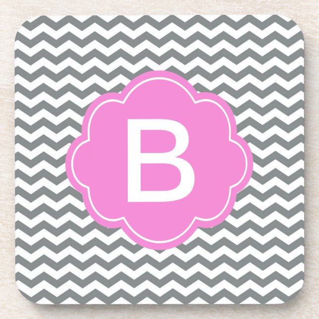 Elegant, trendy, classic grey chevron monogram coaster (Front)