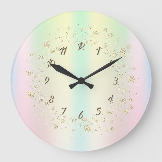 Elegant Trendy Confetti Holographic Rainbow Large Clock (Front)