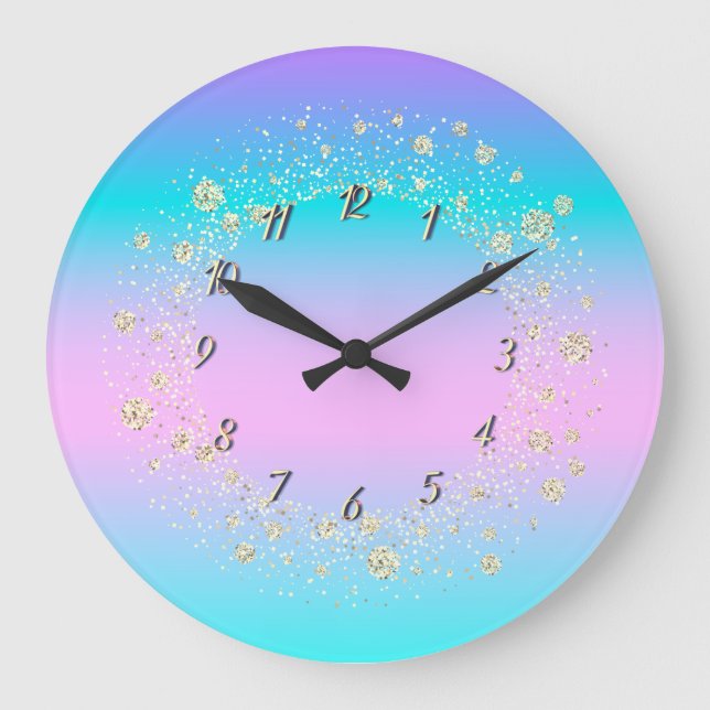 Elegant Trendy Confetti Ombre Holographic Large Clock (Front)