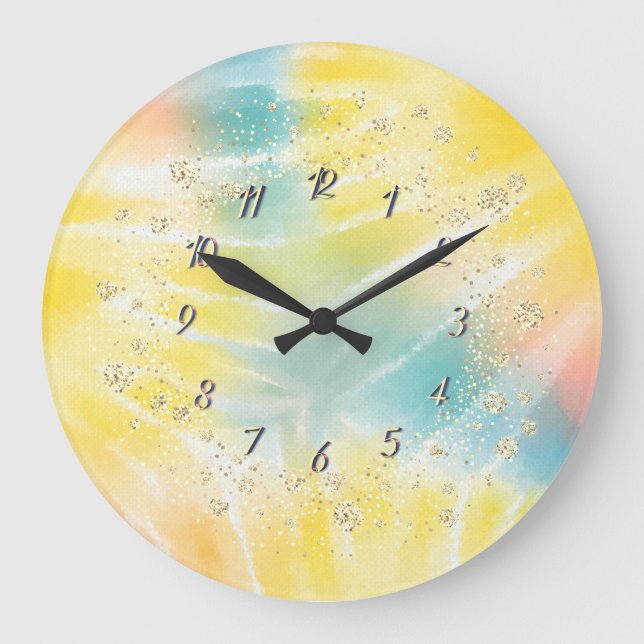 Elegant Trendy Confetti Yellow Tie Dye Large Clock (Front)