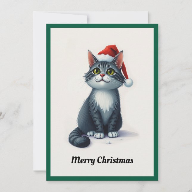 Elegant Trendy Cute Whimsical Cat Merry Christmas  Holiday Card (Front)