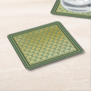 Elegant Trendy Emerald Art Deco Fan Pattern Party Square Paper Coaster