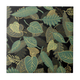 Elegant Trendy Fall Green Leaves Autumn Black Ceramic Tile