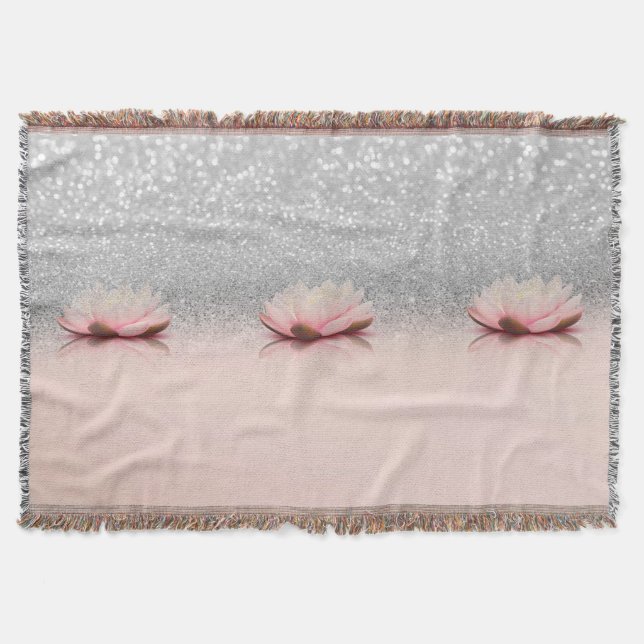 Elegant Trendy Girly, Lotus Silver Glitter Bokeh Throw Blanket (Front)