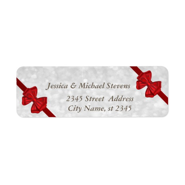 Elegant trendy glittery red bows return address label (Front)