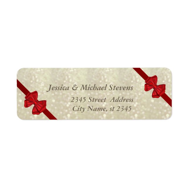 Elegant trendy glittery red bows return address label (Front)